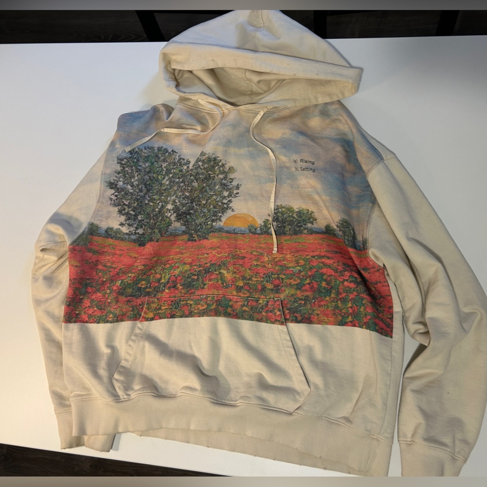 Beige Graphic Hoodie with Field Print